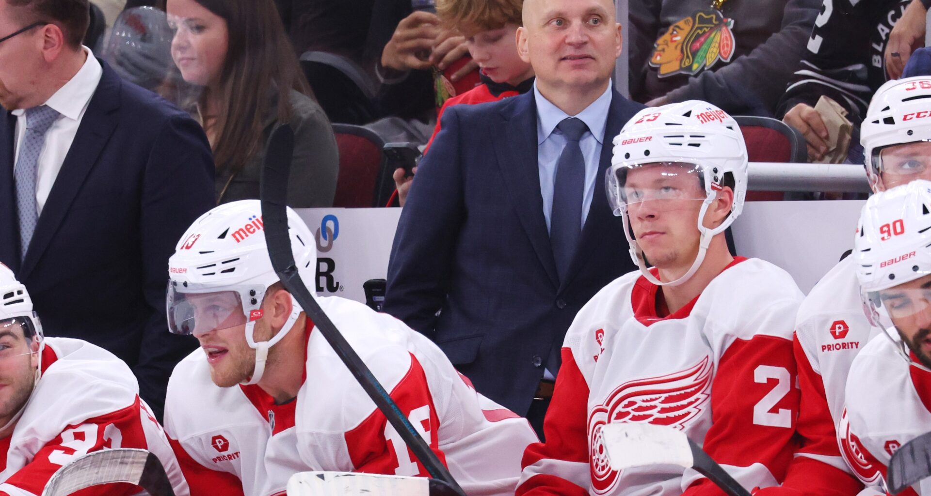 Head coach Derek Lalonde of the Detroit Red Wings looks on against the Chicago Blackhawks during the third period at the United Center on November 06, 2024 in Chicago, Illinois.