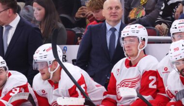 Head coach Derek Lalonde of the Detroit Red Wings looks on against the Chicago Blackhawks during the third period at the United Center on November 06, 2024 in Chicago, Illinois.