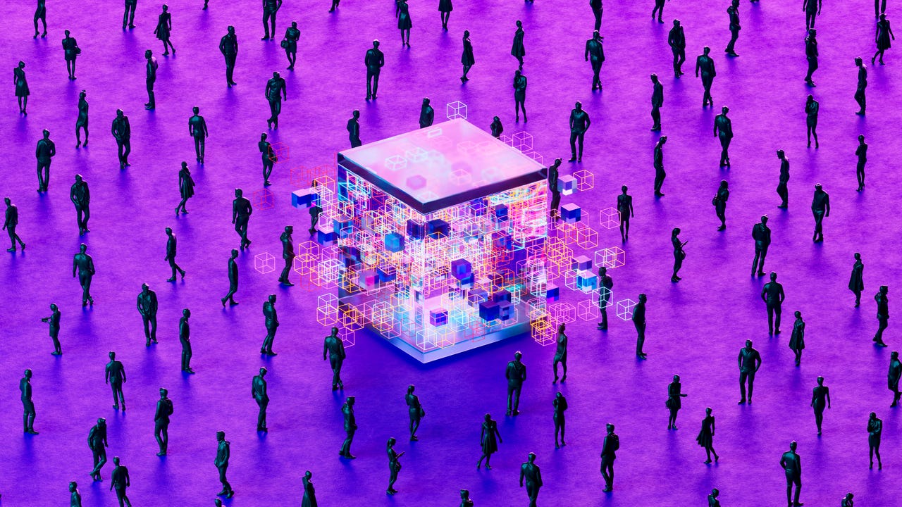 A digitally generated image featuring glowing data cubes floating above or surrounding a crowd of monochrome businesspeople, all set against a futuristic neon-lit backdrop. The vibrant tones of pink and purple evoke a high-tech atmosphere, symbolizing concepts such as data-driven strategy, innovation, digital transformation, and the intersection of technology and business. Perfect for use in editorial or commercial content related to fintech, analytics, or future-focused business themes.