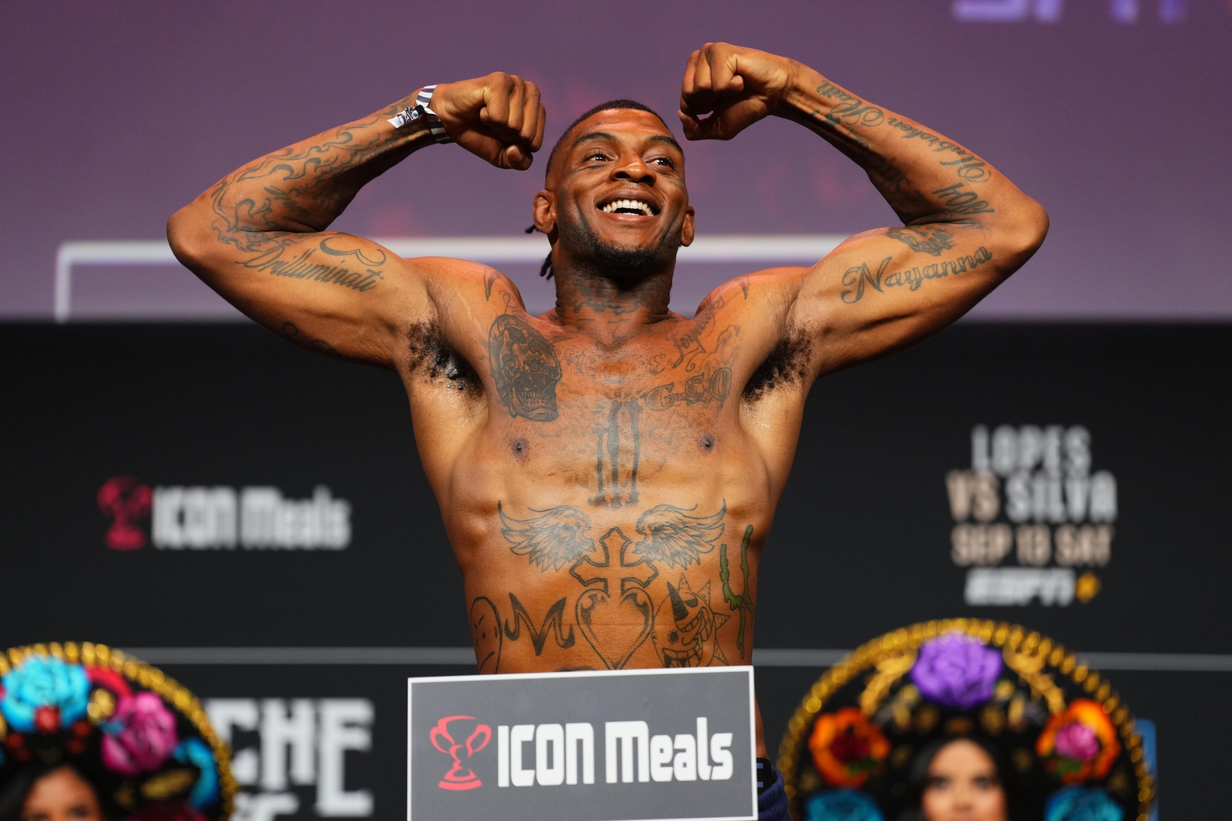 SAN ANTONIO, TEXAS - SEPTEMBER 12: Sedriques Dumas poses on the scale during the Noche UFC ceremonial weigh-in at Frost Bank Center on September 12, 2025 in San Antonio, Texas. (Photo by Cooper Neill/Zuffa LLC via Getty Images)