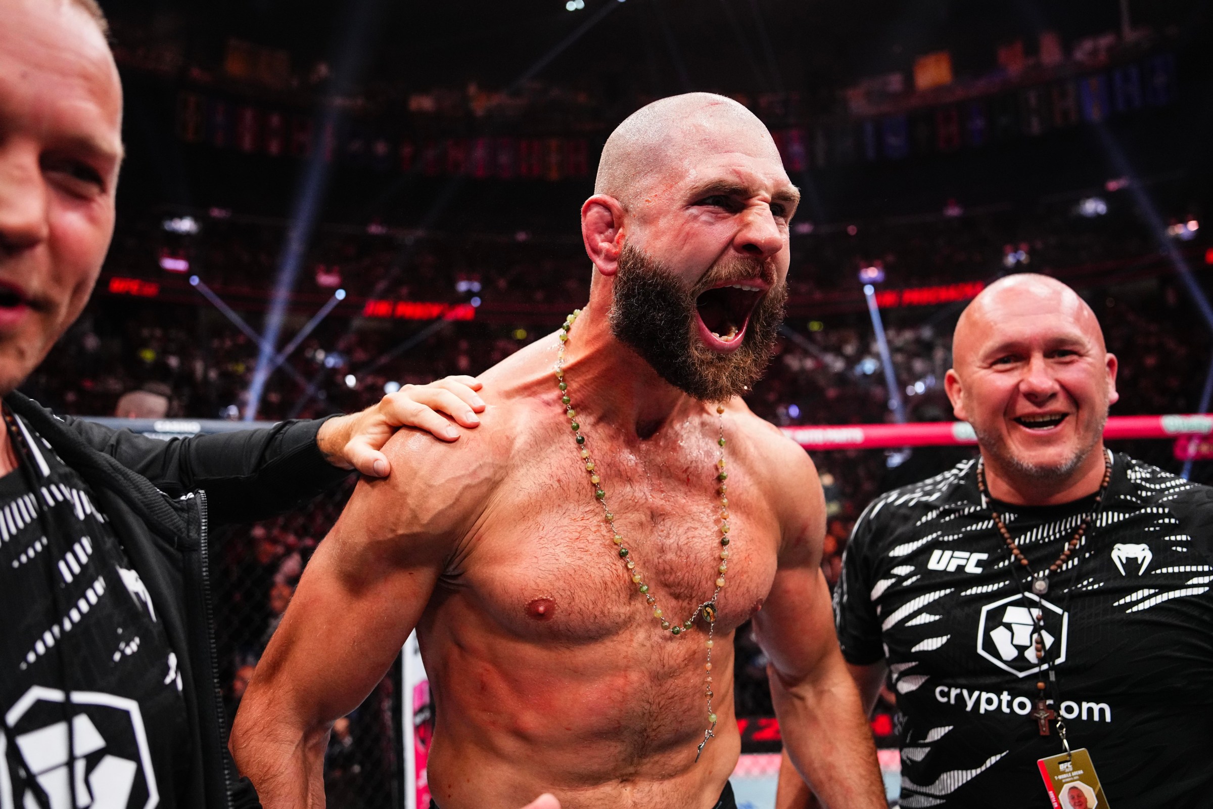 LAS VEGAS, NEVADA - OCTOBER 04: Jiri Prochazka of the Czech Republic reacts to his knockout of Khalil Rountree Jr. in a light heavyweight fight during the UFC 320 event at T-Mobile Arena on October 04, 2025 in Las Vegas, Nevada. (Photo by Jeff Bottari/Zuffa LLC)