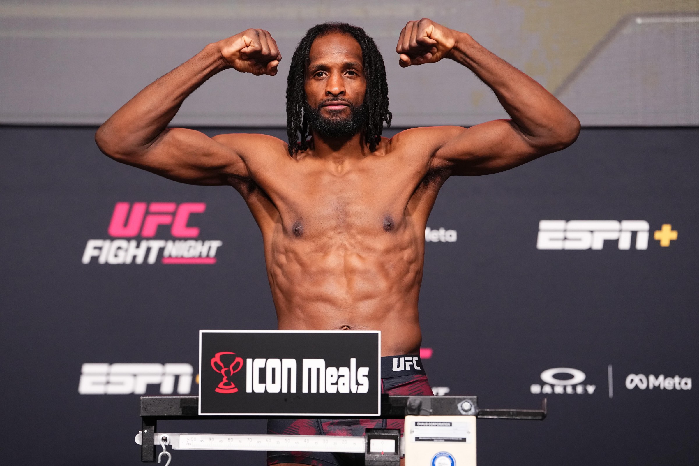 LAS VEGAS, NEVADA - DECEMBER 12: Neil Magny poses on the scale during the UFC Fight Night weigh-in at UFC APEX on December 12, 2025 in Las Vegas, Nevada. (Photo by Jeff Bottari/Zuffa LLC)