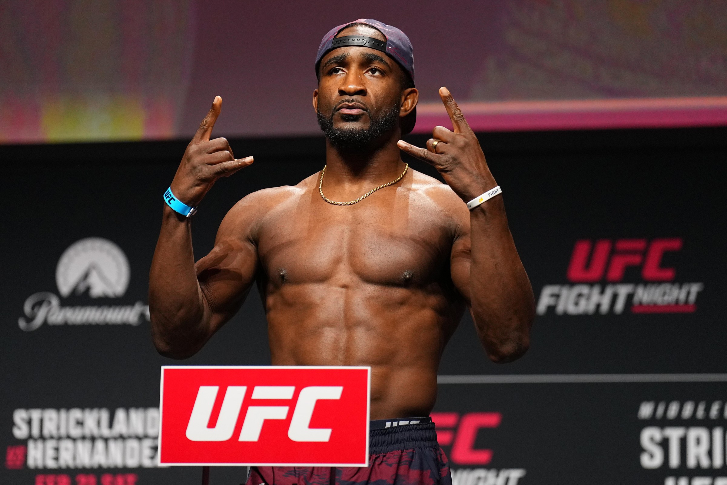 HOUSTON, TEXAS - FEBRUARY 20: Geoff Neal poses on the scale during the UFC Fight Night ceremonial weigh-in at Toyota Center on February 20, 2026 in Houston, Texas. (Photo by Chris Unger/Zuffa LLC)