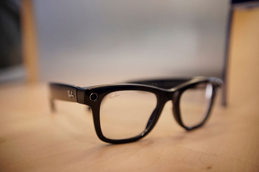 A picture taken on March 2, 2026 in Barcelona shows Ray Ban META AI glasses displayed at the Mobile World Congress (MWC), the world's biggest mobile technology showcase and fair.