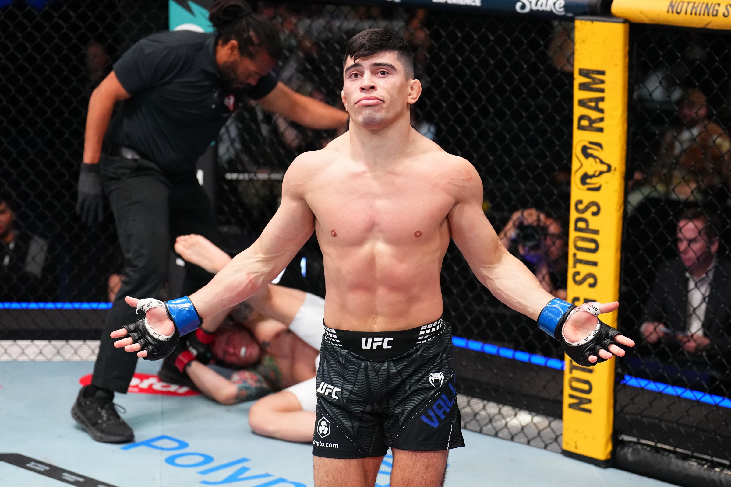 LAS VEGAS, NEVADA - MARCH 14: Kevin Vallejos of Argentina reacts after a knockout victory against Josh Emmett in a featherweight fight during the UFC Fight Night event at Meta APEX on March 14, 2026 in Las Vegas, Nevada. (Photo by Chris Unger/Zuffa LLC)