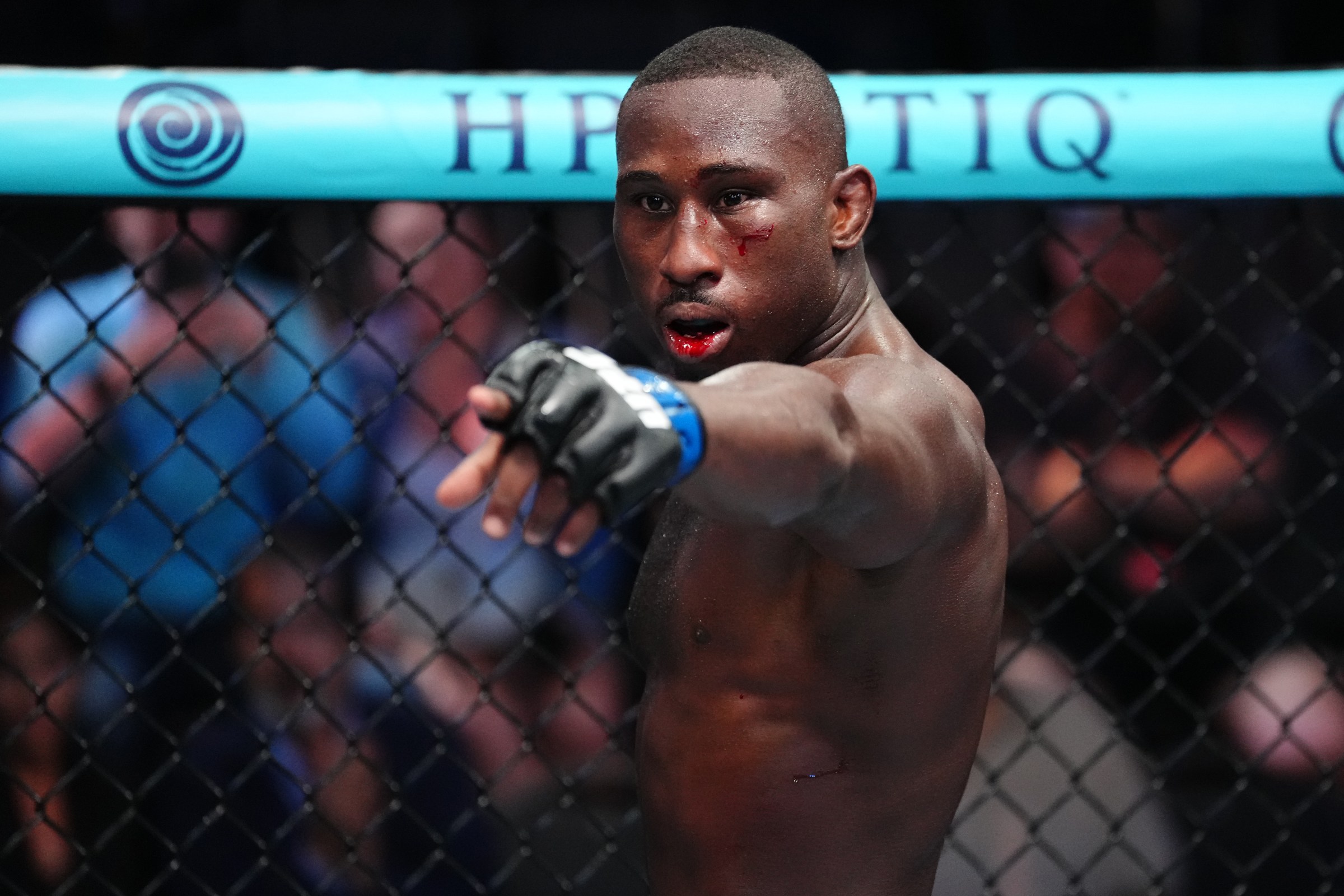 LAS VEGAS, NEVADA - APRIL 04: Tresean Gore reacts after a submission victory against Azamat Bekoev of Russia in a middleweight fight during the UFC Fight Night event at Meta APEX on April 04, 2026 in Las Vegas, Nevada. (Photo by Jeff Bottari/Zuffa LLC)