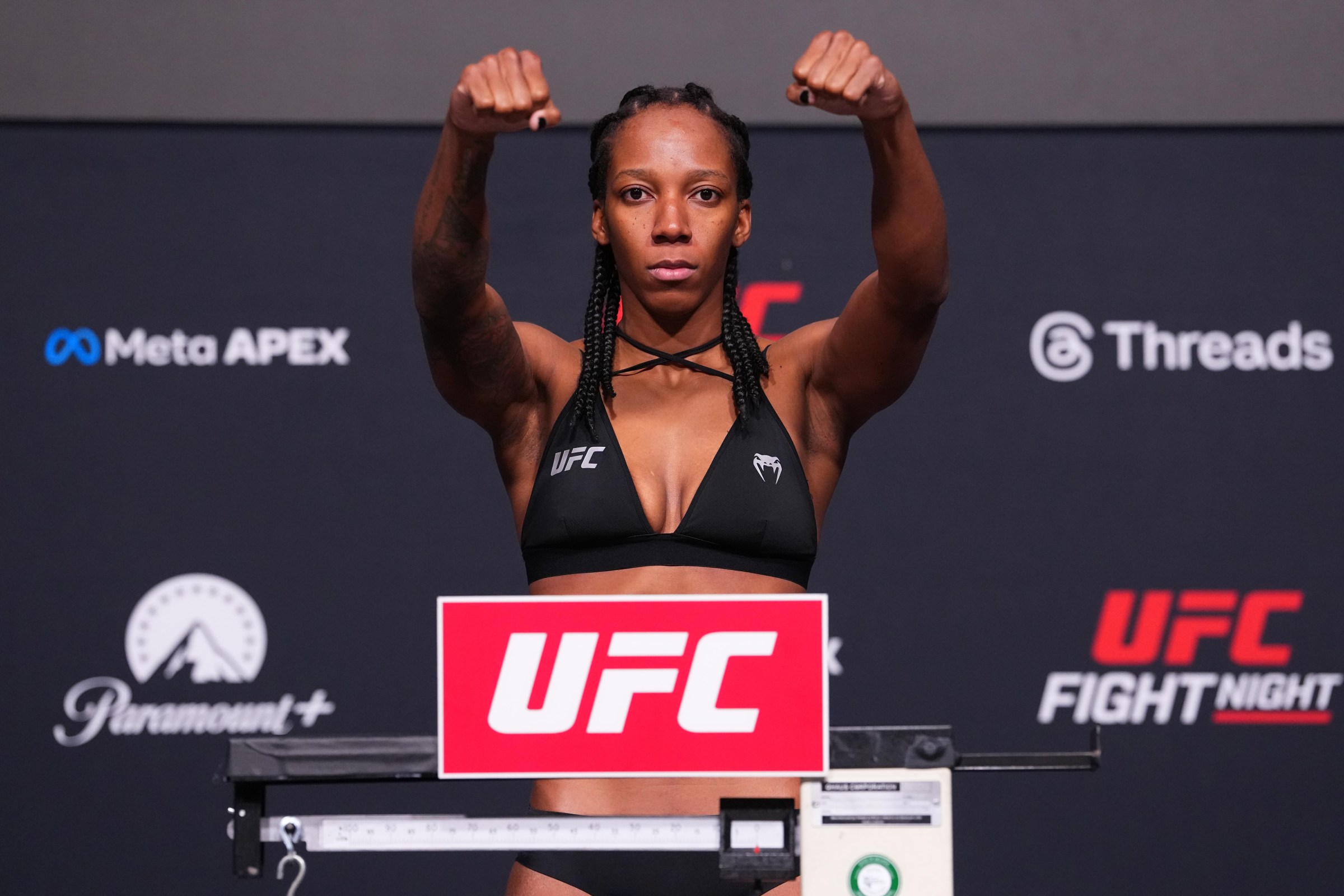 LAS VEGAS, NEVADA - APRIL 24: Joselyne Edwards of Panama poses on the scale during the UFC weigh-in at Meta APEX on April 24, 2026 in Las Vegas, Nevada. (Photo by Jeff Bottari/Zuffa LLC)