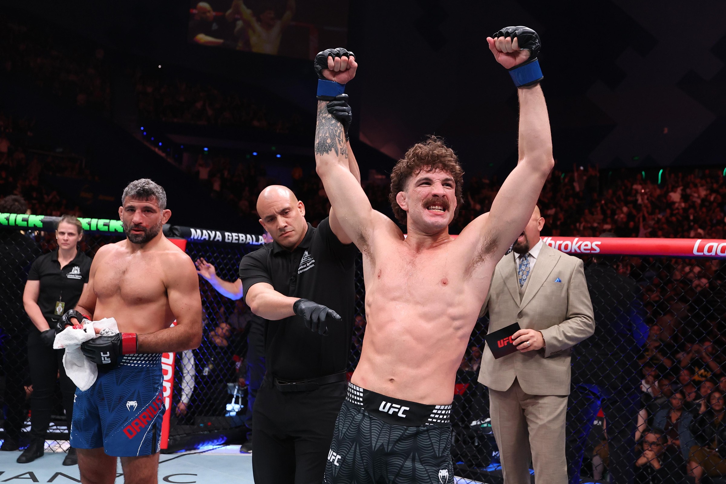PERTH, AUSTRALIA - MAY 02: Quillan Salkilld of Australia reacts after a knockout victory against Beneil Dariush of Iran in a lightweight fight during the UFC Fight Night event at RAC Arena on May 02, 2026 in Perth, Australia. (Photo by Ed Mulholland/Zuffa LLC)
