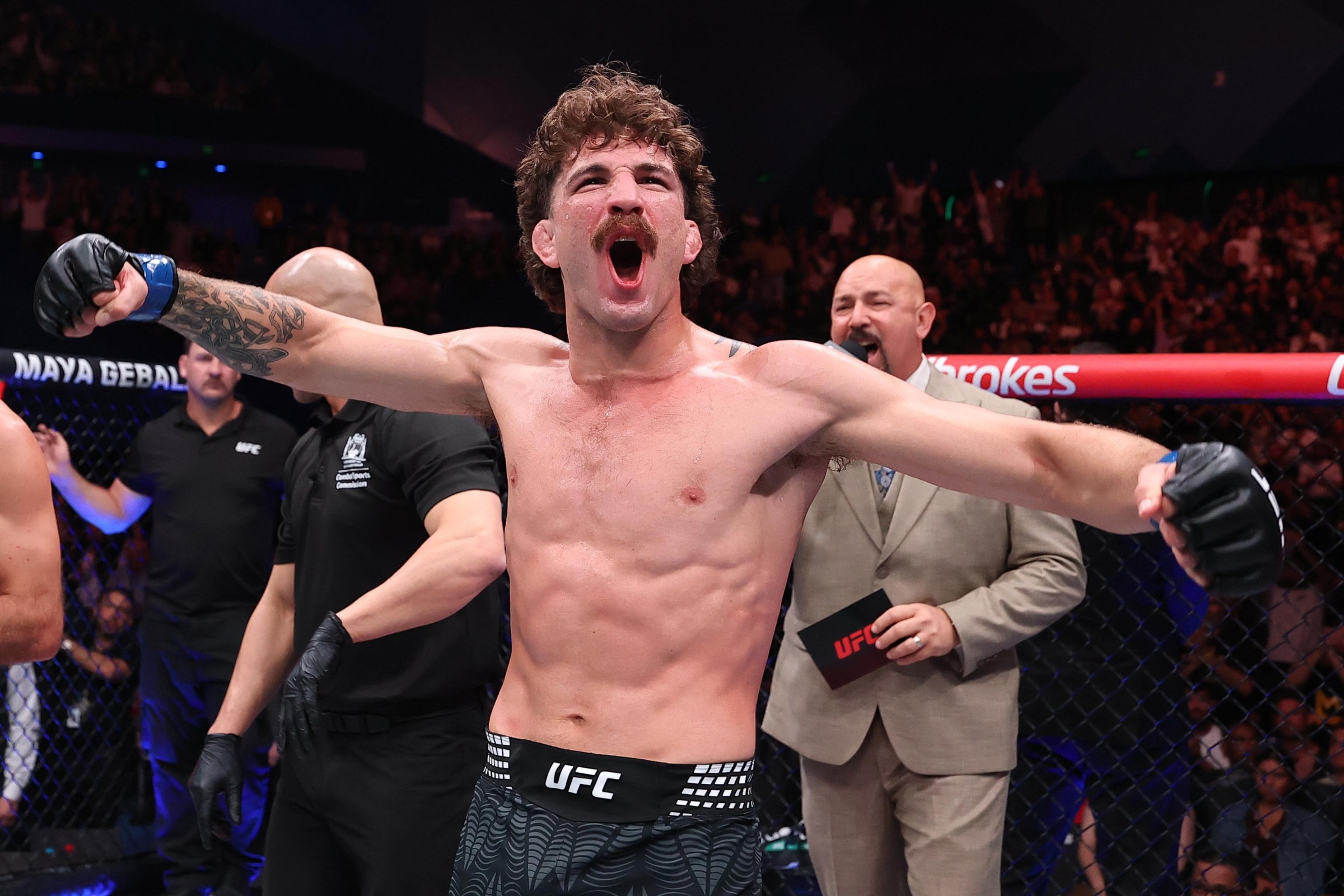 PERTH, AUSTRALIA - MAY 02: Quillan Salkilld of Australia reacts after a knockout victory against Beneil Dariush of Iran in a lightweight fight during the UFC Fight Night event at RAC Arena on May 02, 2026 in Perth, Australia. (Photo by Ed Mulholland/Zuffa LLC)
