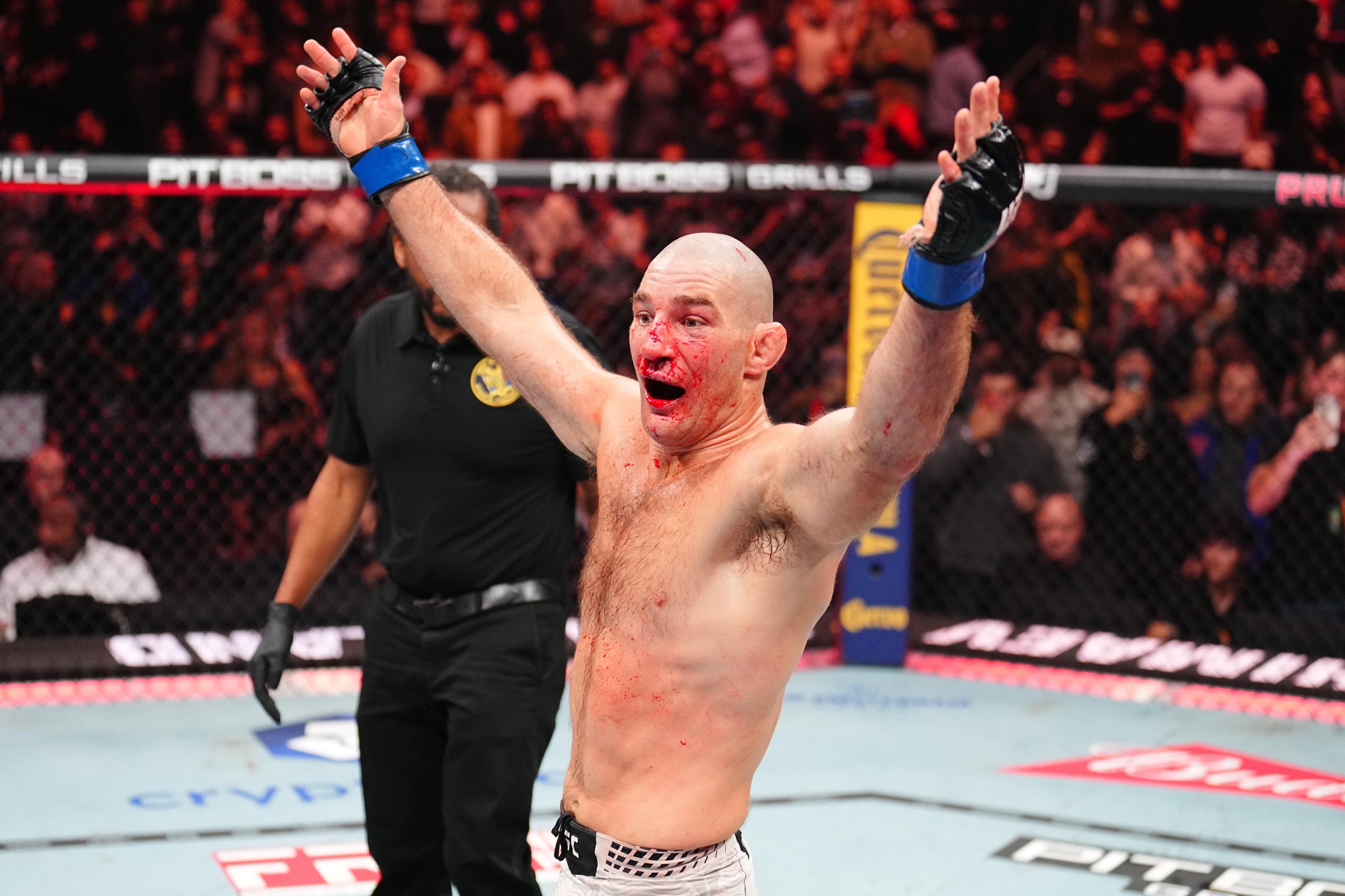 NEWARK, NEW JERSEY - MAY 09: Sean Strickland reacts after the UFC middleweight championship fight against Khamzat Chimaev of Russia during the UFC 328 event at Prudential Center on May 09, 2026 in Newark, New Jersey. (Photo by Chris Unger/Zuffa LLC)