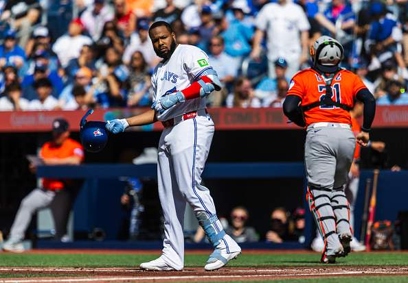 TORONTO, CANADA - JUNE 23: Vladimir Guerrero Jr. #27 of the Toronto Blue Jays reacts after lining out to third baseman Isaac Paredes #15 of the Houston Astros during the second inning at the Rogers Centre on June 23, 2026 in Toronto, Ontario, Canada. (Photo by Tara Walton/Getty Images)