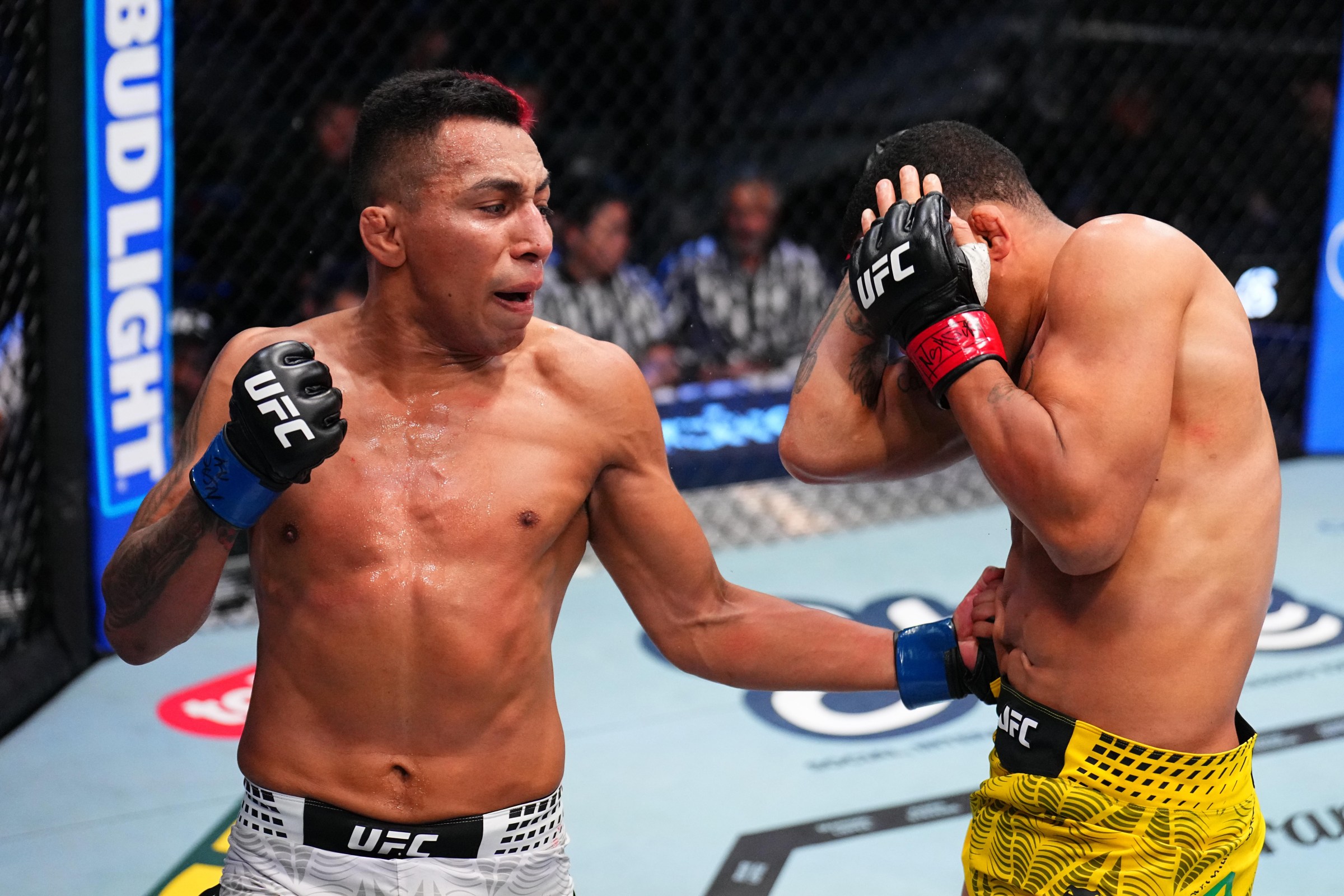 LAS VEGAS, NEVADA - JUNE 20: (L-R) Kevin Borjas of Peru punches Andre Lima of Brazil in a flyweight fight during the UFC Fight Night event at Meta APEX on June 20, 2026 in Las Vegas, Nevada. (Photo by Chris Unger/Zuffa LLC)