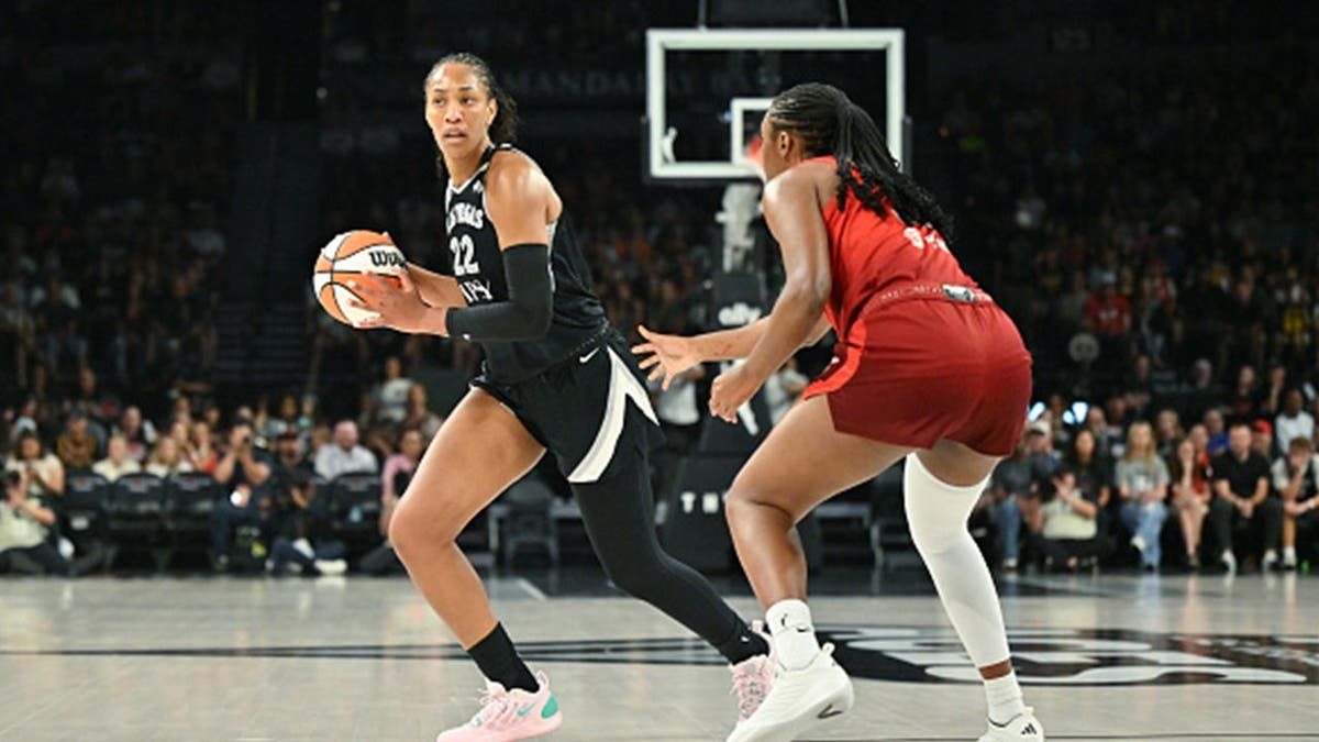 A'ja Wilson dribbles the ball against the Indiana Fever at Michelob ULTRA Arena in Las Vegas.