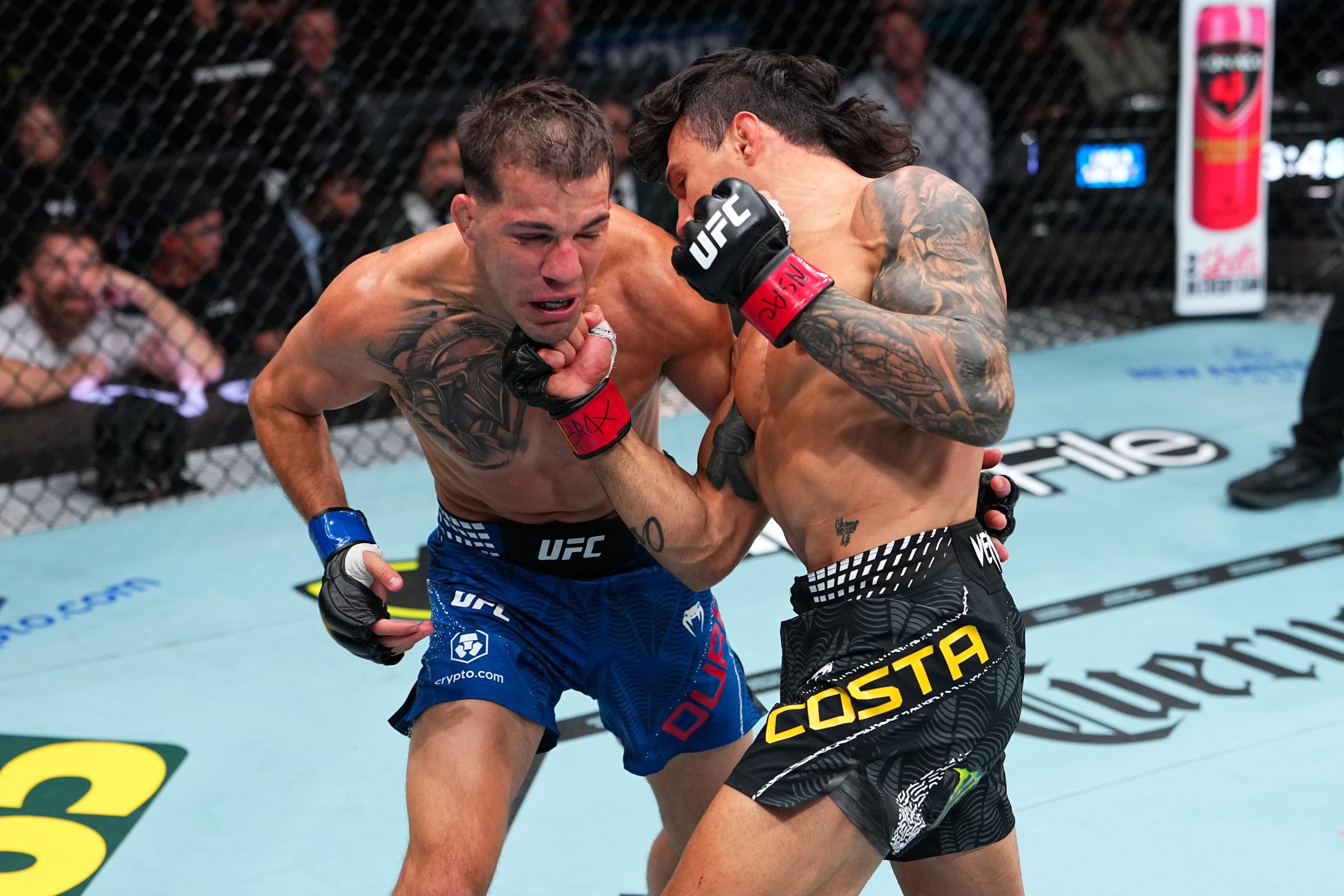 LAS VEGAS, NEVADA - JULY 11: (R-L) Alessandro Costa of Brazil strikes Cody Durden in a flyweight fight at T-Mobile Arena on July 11, 2026 in Las Vegas, Nevada. (Photo by Jeff Bottari/Zuffa LLC)