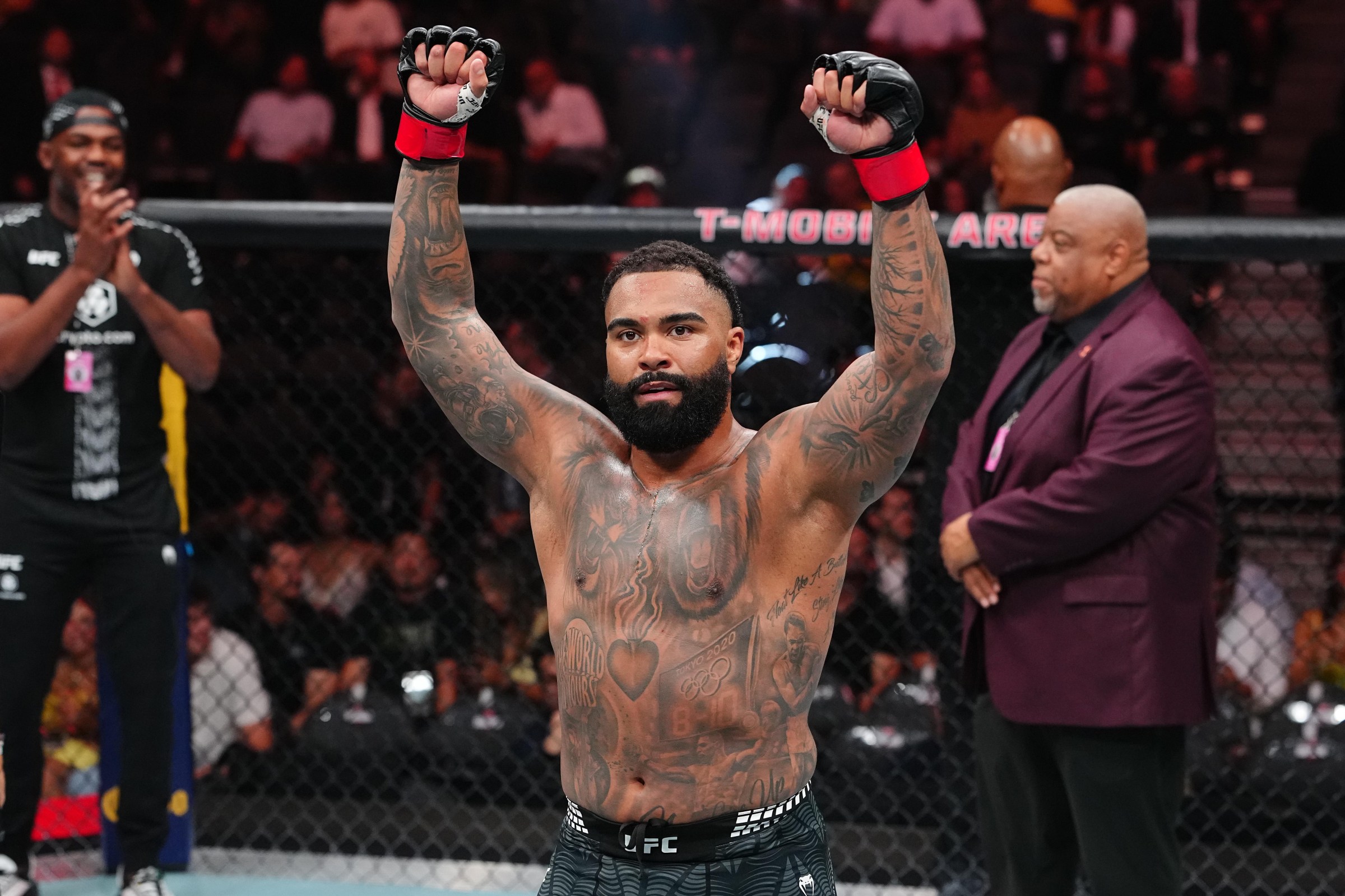 LAS VEGAS, NEVADA - JULY 11: Gable Steveson reacts to his win in a heavyweight fight during the UFC 329 event at T-Mobile Arena on July 11, 2026 in Las Vegas, Nevada. (Photo by Jeff Bottari/Zuffa LLC)