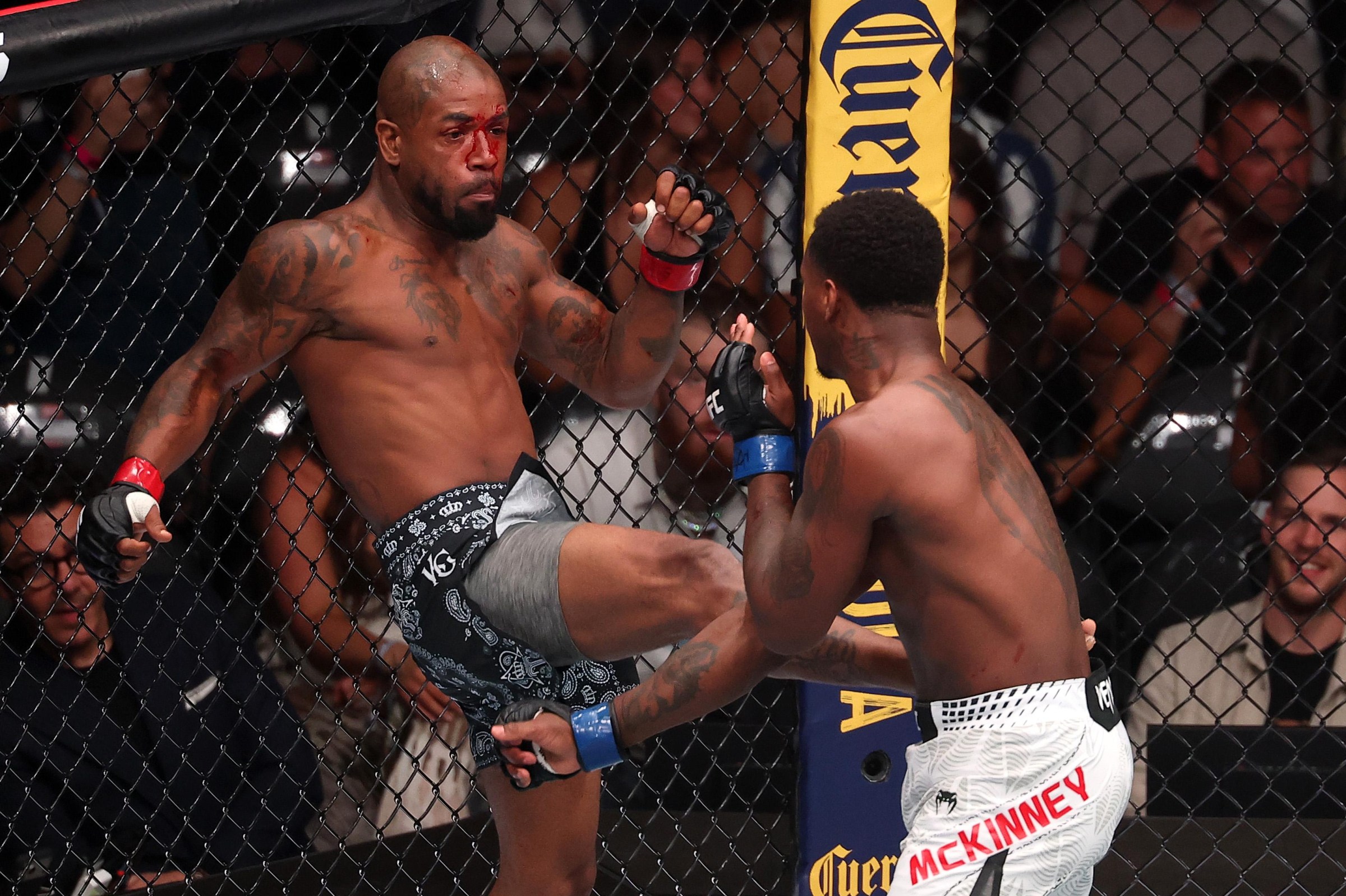 LAS VEGAS, NEVADA - JULY 11: (L-R) King Green strikes Terrance McKinney in a lightweight fight during the UFC 329 event at T-Mobile Arena on July 11, 2026 in Las Vegas, Nevada. (Photo by Ed Mulholland/Zuffa LLC)