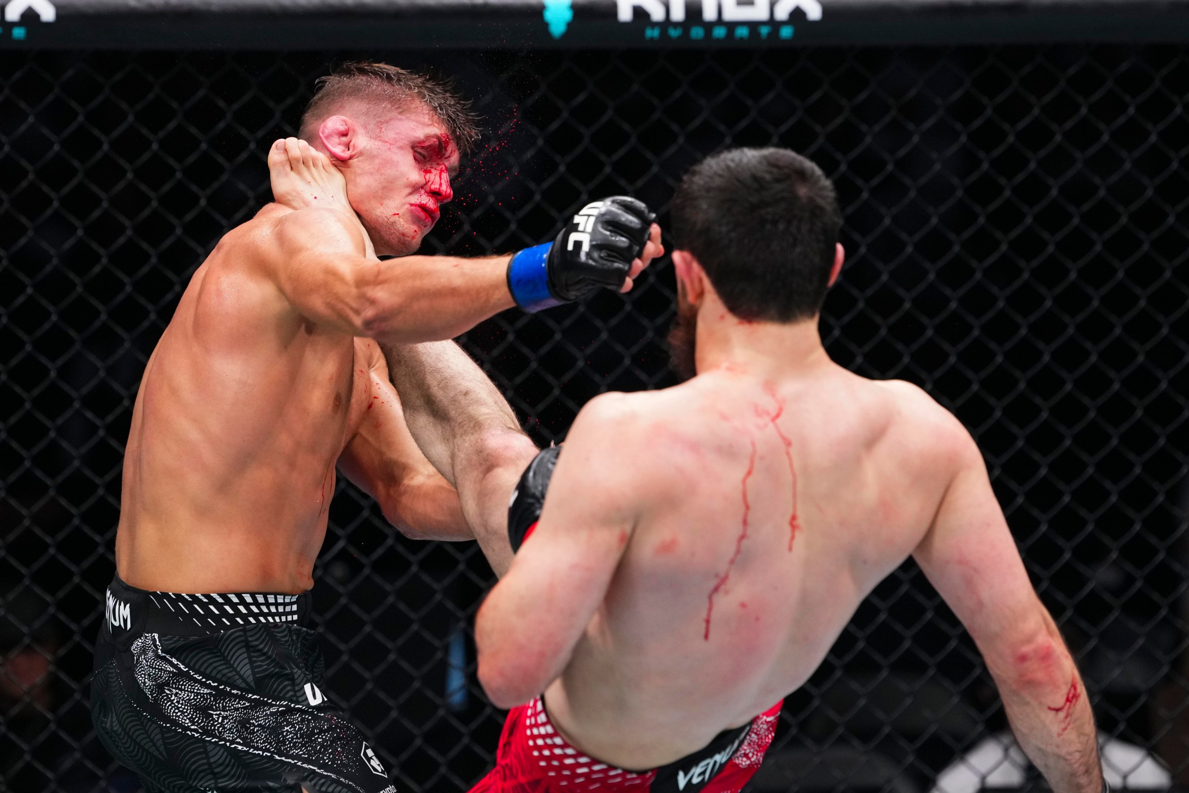 ABU DHABI, UNITED ARAB EMIRATES - JULY 24: Magomed Zaynukov throws a kick against Damian Rzepecki in their lightweight fight during the UFC Fight Night event at Etihad Arena July 24, 2026 in Yas Island, Abu Dhabi, United Arab Emirates. (Photo by Josh Hedges/Zuffa LLC via Getty Images)