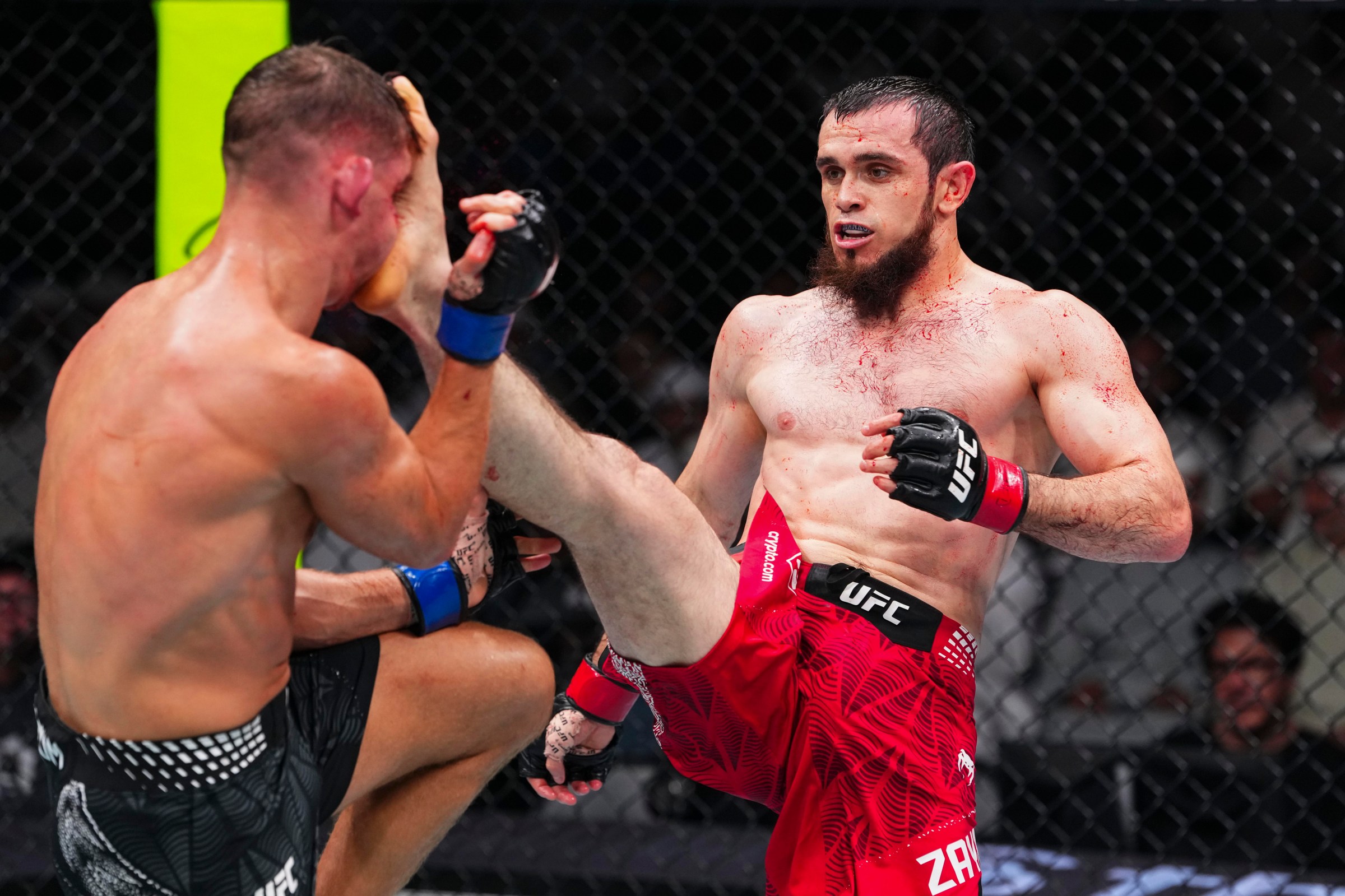 ABU DHABI, UNITED ARAB EMIRATES - JULY 24: Magomed Zaynukov throws a kick against Damian Rzepecki in their lightweight fight during the UFC Fight Night event at Etihad Arena July 24, 2026 in Yas Island, Abu Dhabi, United Arab Emirates. (Photo by Josh Hedges/Zuffa LLC via Getty Images)