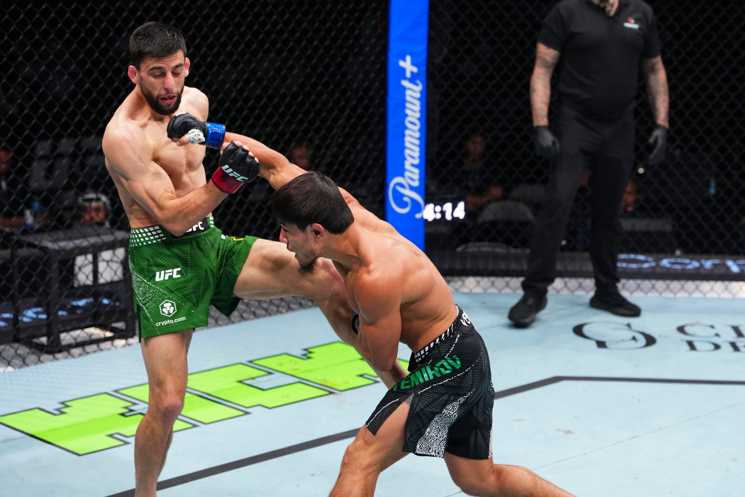 ABU DHABI, UNITED ARAB EMIRATES - JULY 24: Ramazan Temirov throws a punch against Steve Erceg in their flyweight fight during the UFC Fight Night event at Etihad Arena July 24, 2026 in Yas Island, Abu Dhabi, United Arab Emirates. (Photo by Josh Hedges/Zuffa LLC via Getty Images)