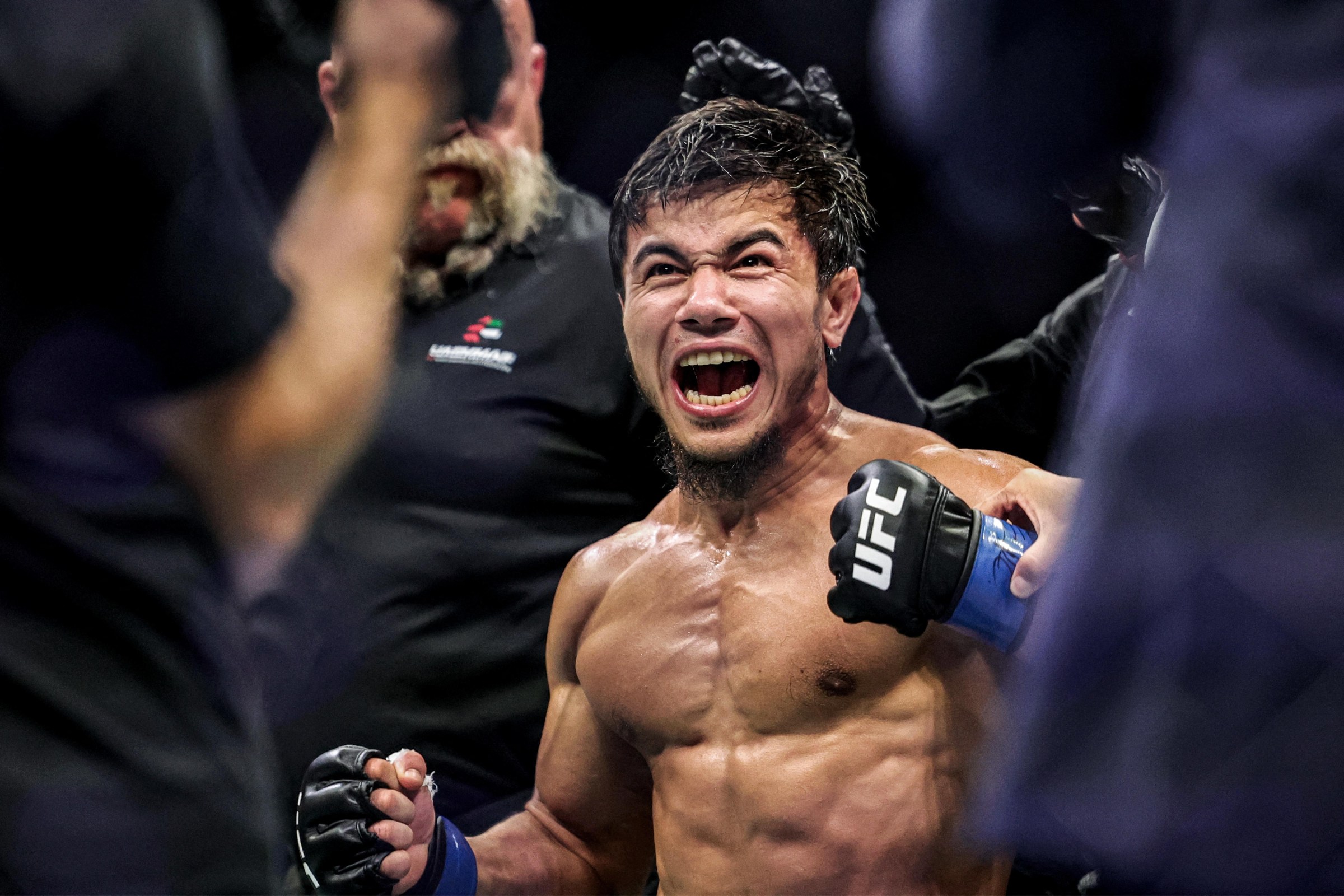 Uzbekistan’s Ramazan Temirov reacts after winning his men’s flyweight fight against Australia’s Steve Erceg in the UFC Fight Night event at Etihad Arena in Abu Dhabi on July 25, 2026. (Photo by Fadel SENNA / AFP via Getty Images)