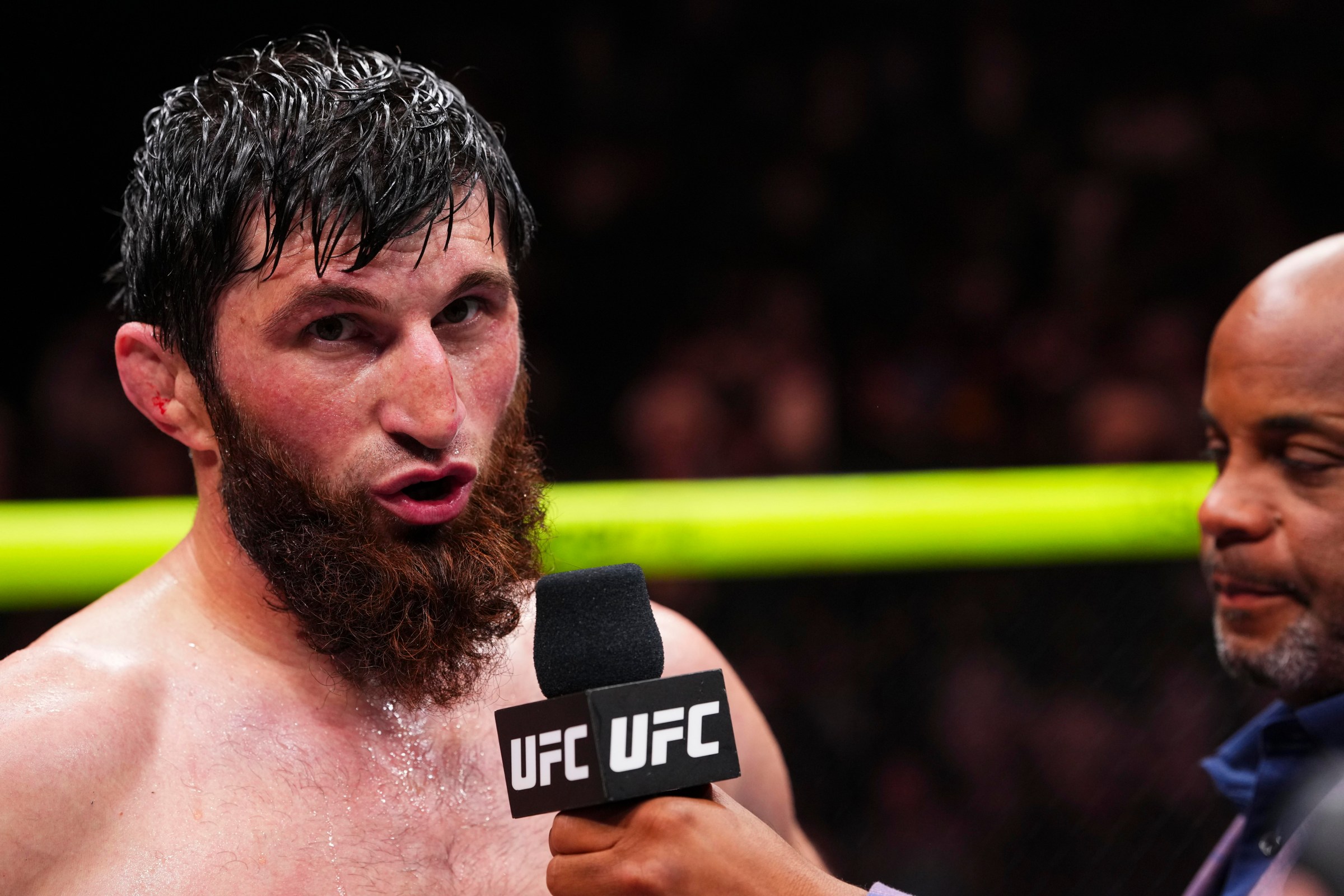 ABU DHABI, UNITED ARAB EMIRATES - JULY 24: Magomed Ankalaev is interviewed after fighting against Bogdan Guskov in their light heavyweight fight during the UFC Fight Night event at Etihad Arena July 24, 2026 in Yas Island, Abu Dhabi, United Arab Emirates. (Photo by Josh Hedges/Zuffa LLC via Getty Images)