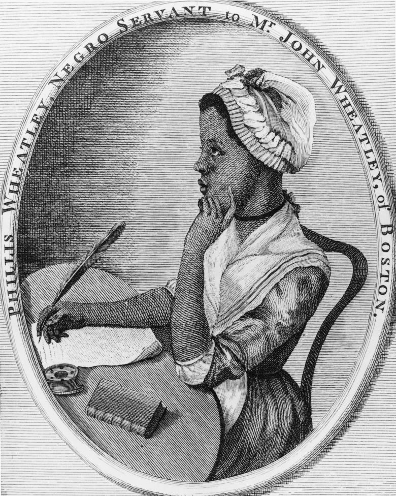 A 1780 engraved portrait of Wheatley shows the writer and poet engaged in thoughtful work at her desk.