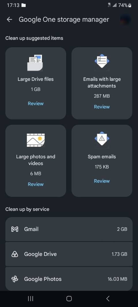Google One storage manager settings
