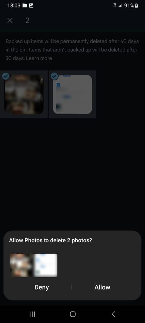 Google Photos empty bin confirmation
