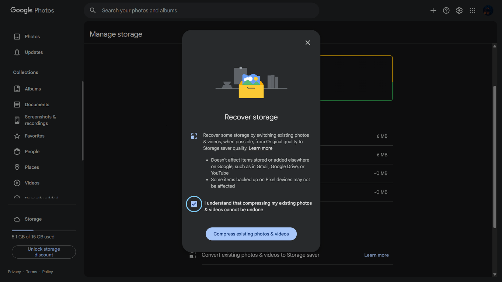Google Photos web client storage settings