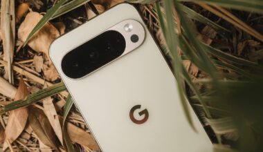 A Pixel 10 Pro phone lying face down amid leaves and grass.