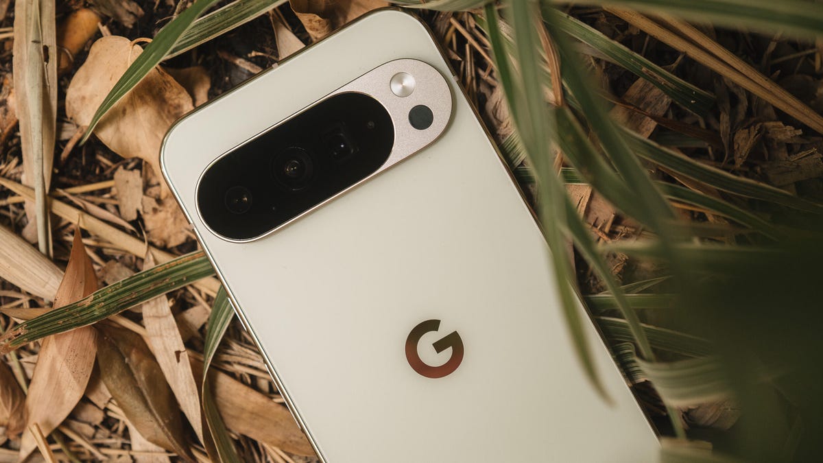 A Pixel 10 Pro phone lying face down amid leaves and grass.