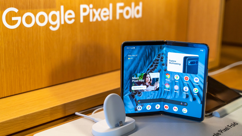 The Google Pixel Fold, on display in a Google store