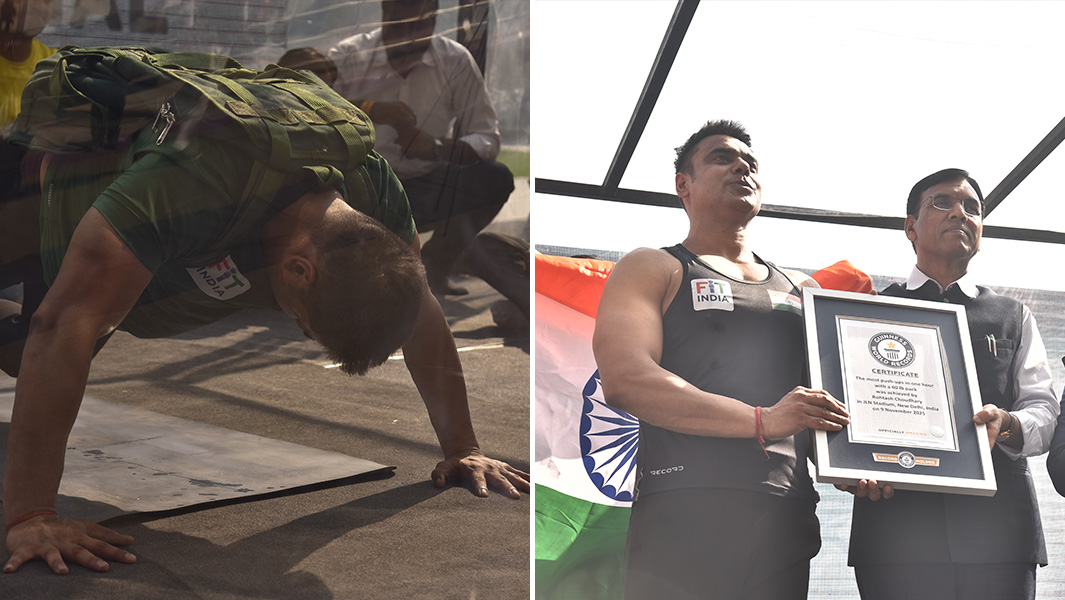 split image of man doing a push up and being presented with a guinness world records certificate
