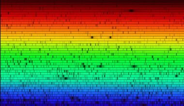 The Sun's spectrum, crossed by dark Fraunhofer lines where atoms in its outer layers absorb light at specific wavelengths, the fingerprint astronomers use to work out what a star is made of (Credit : NASA)