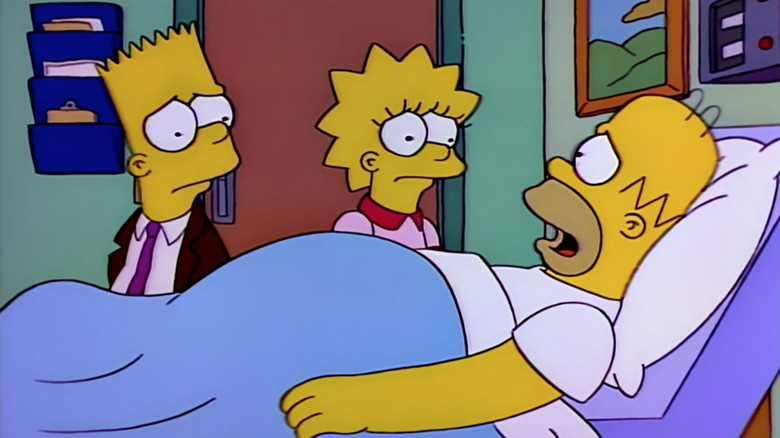 Homer talks to Bart and Lisa in a hospital bed in "Homer's Triple Bypass"