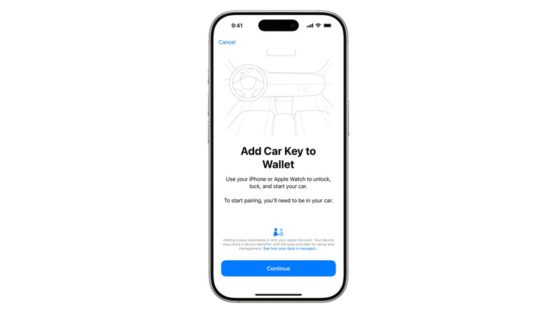 A screenshot of the prompt the Wallet app displays when you're adding a car key to your iPhone.