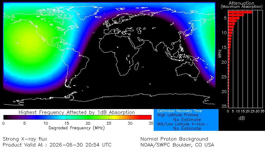 map showing where the radio blackouts occurred from the X flare, the regions affected most are North America and the North Pacific.
