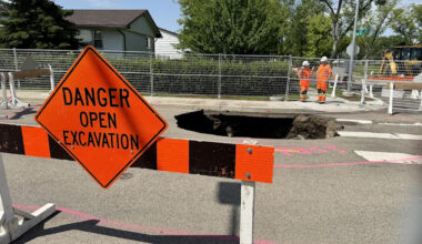 Deep sinkhole opens up in north Edmonton after weekend thunderstorms