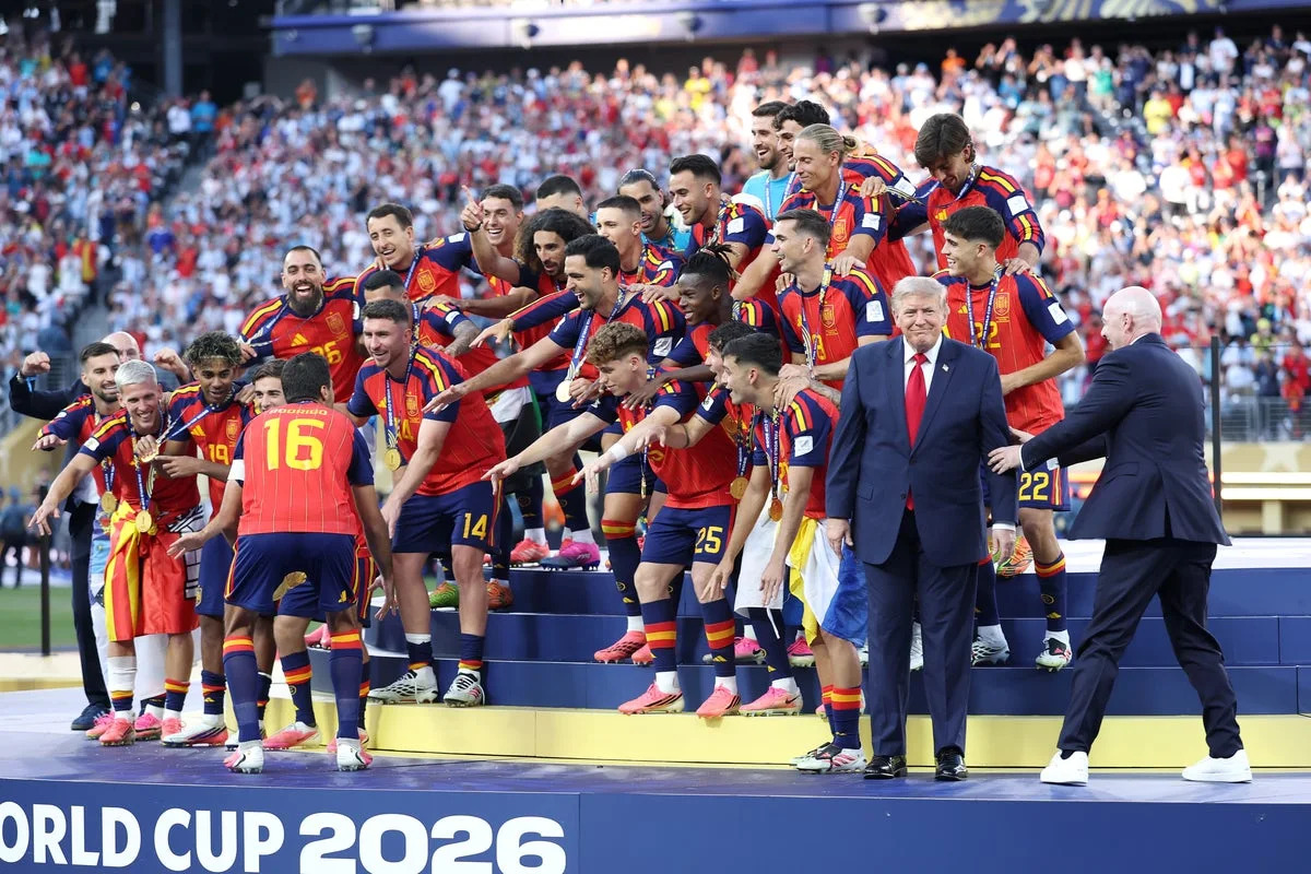 Trump steps all over World Cup winner’s moment as Infantino tries to usher him away from Spain trophy lift