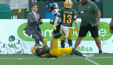 Must See: CFL on TSN sideline reporter Gazzola nearly taken out after Hardy catch – TSN