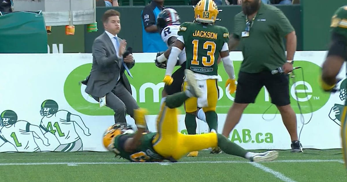Must See: CFL on TSN sideline reporter Gazzola nearly taken out after Hardy catch – TSN