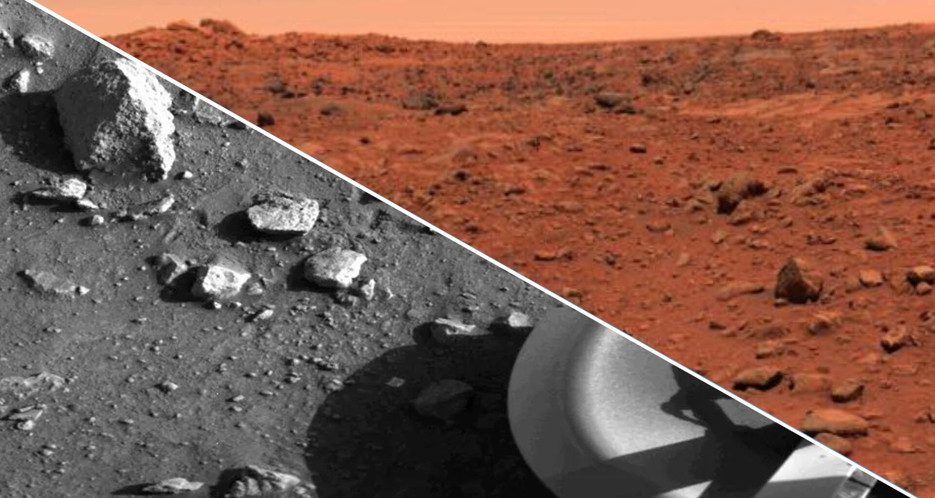 Two images show different sides of Mars, one being a grayscale image and the other being bright orange.