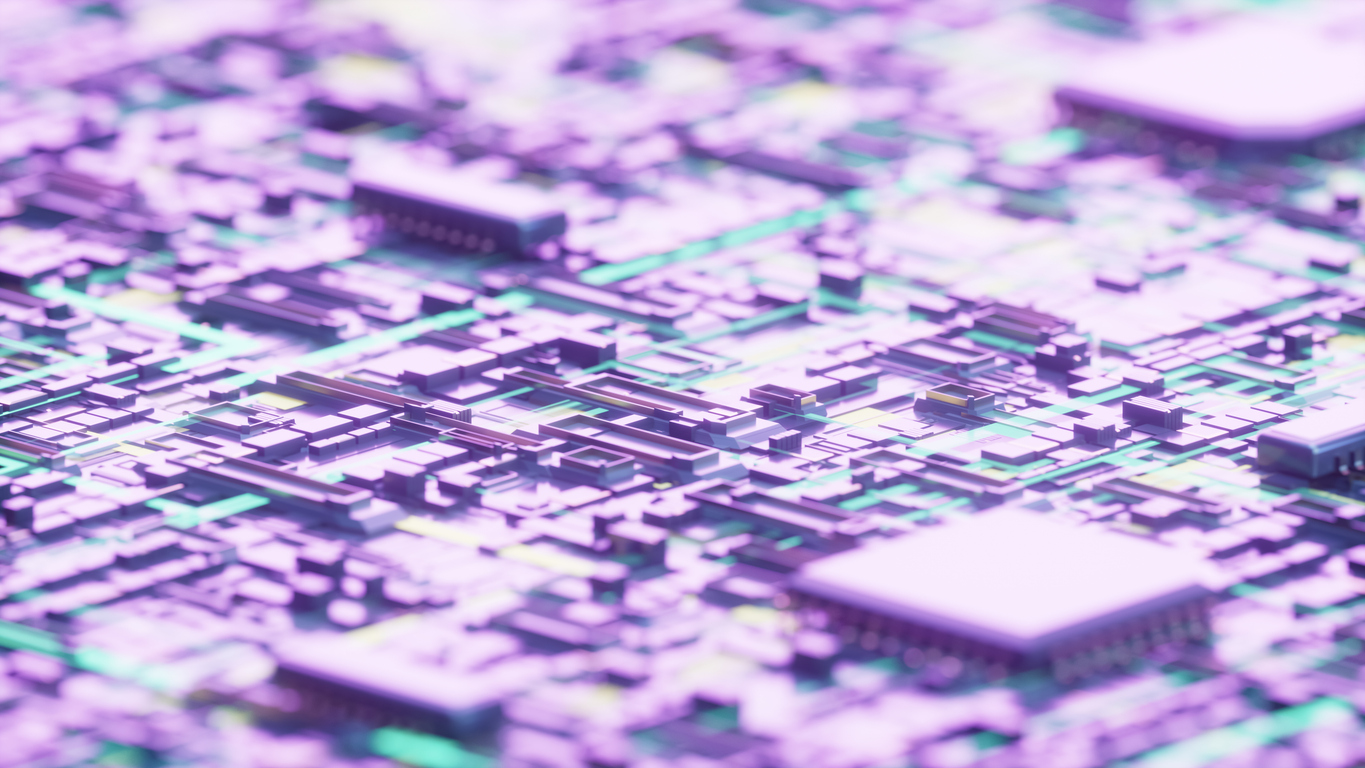 Motherboard with Chips Technology Background. Digitally generated image. 3d render.