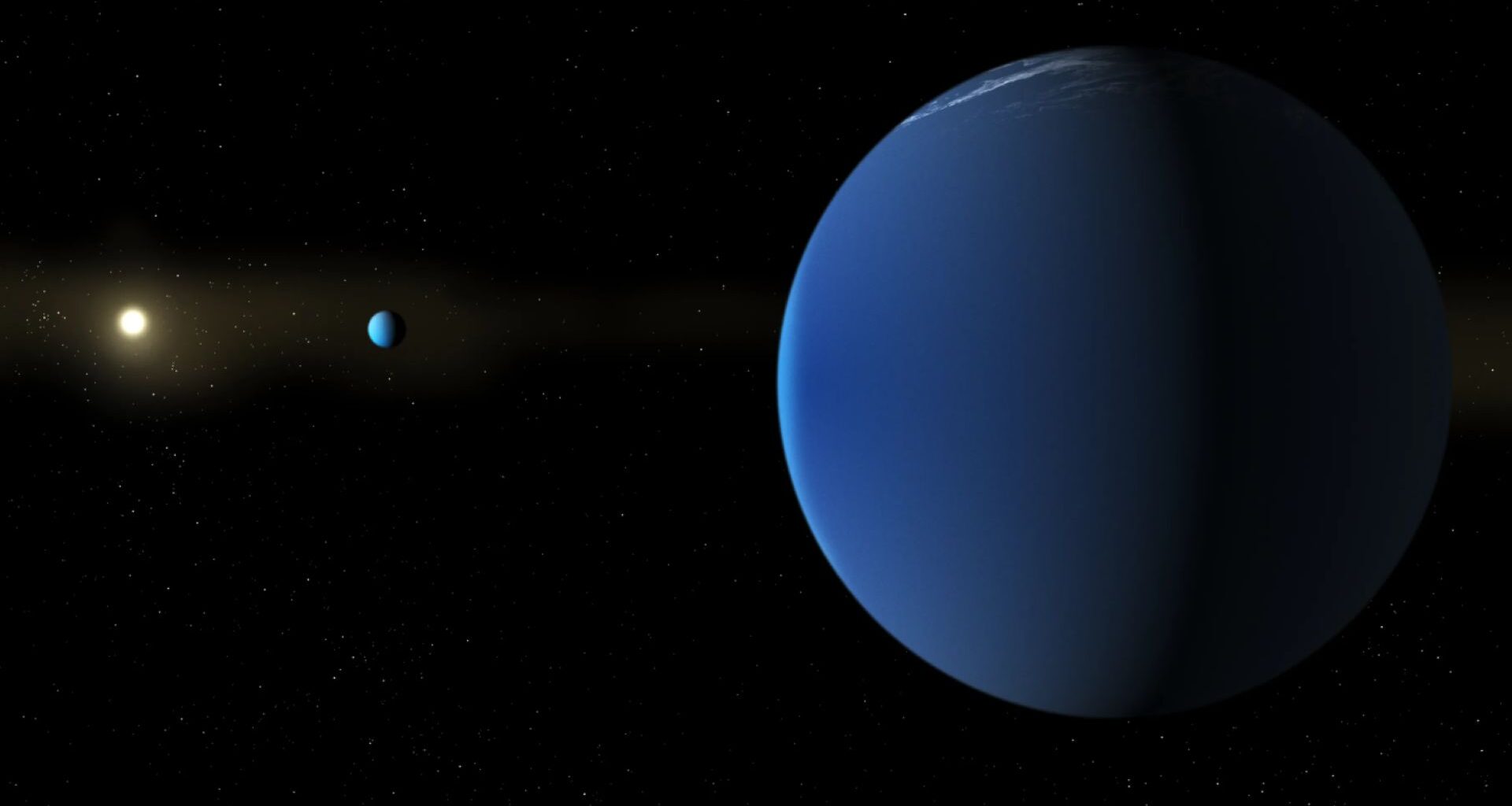 A blue planet orbits a star in a dark space filled with distant stars.