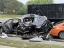 The aftermath of a multi-vehicle crash on Derry Rd., just west of Rexwood Rd., in Mississauga on Thursday, June 8, 2023. 