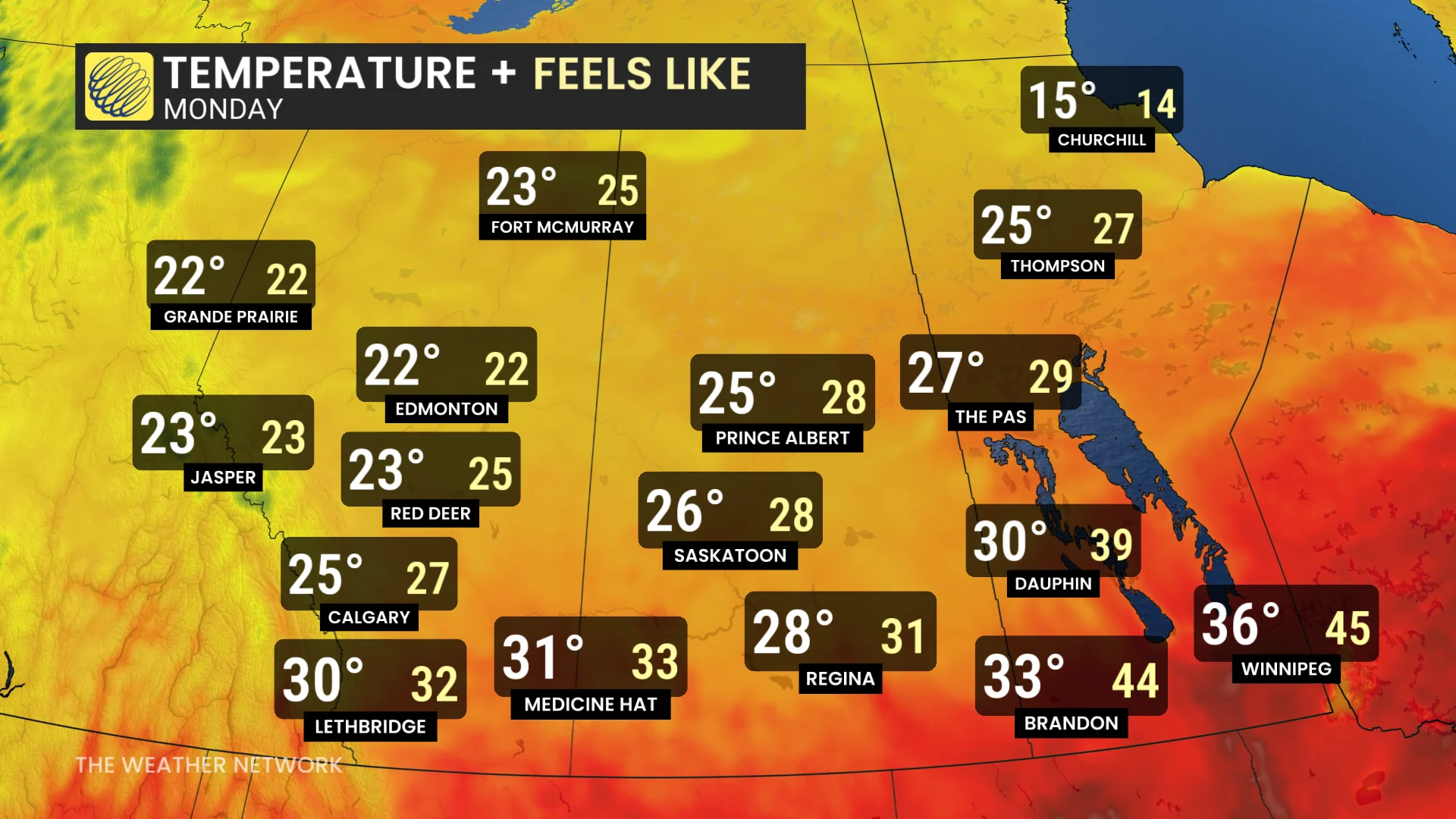 Prairies Monday temperatures and feels-like values