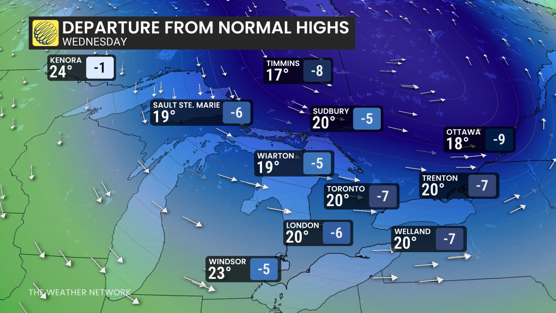 Ontario Wednesday temperatures and departure from normals