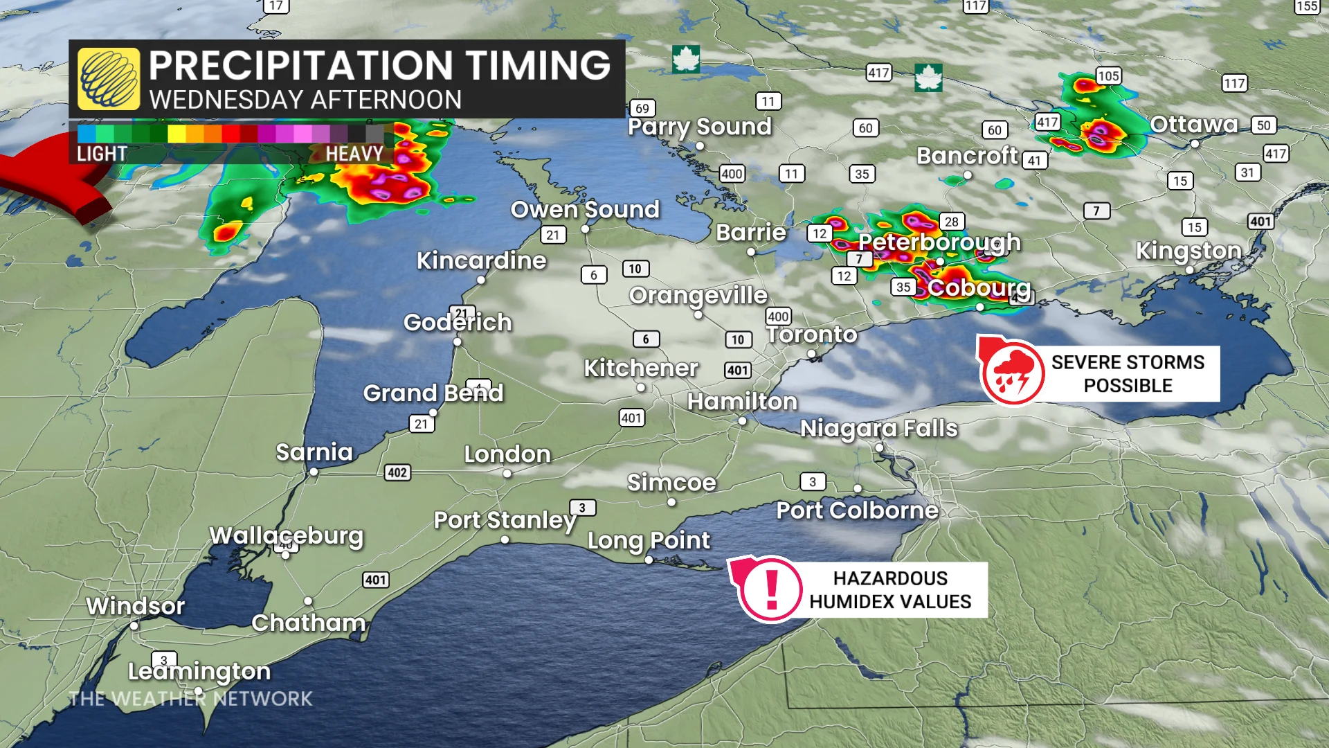 Ontario precipitation timing Wednesday afternoon
