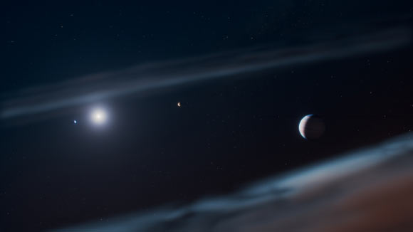 This artist’s concept shows the Beta Pictoris system with the discovered giant exoplanet Beta Pictoris d at the right. Image credit: NASA / ESA / CSA / STScI / Ralf Crawford, STScI.