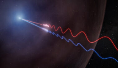 This illustration depicts Faraday rotation in the afterglow of a gamma-ray burst. A powerful jet (upper left) sends polarized radio waves outward through the thin wall of a surrounding bubble of magnetized gas called an HII region. As the light passes through this material, its polarization angle is twisted by the magnetic field. Because the effect is stronger at longer wavelengths, the red and blue waves, which represent different radio wavelengths, exit the bubble oscillating in different directions. By measuring this difference, astronomers were able to map the magnetic environment surrounding GRB 260310A for the first time. Image credit: NSF / AUI / NRAO / M. Weiss